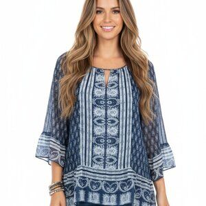 Chic NWT XL St. John's Bay Navy Blue Abstract 3/4 Sleeve Blouse Retro Style Top